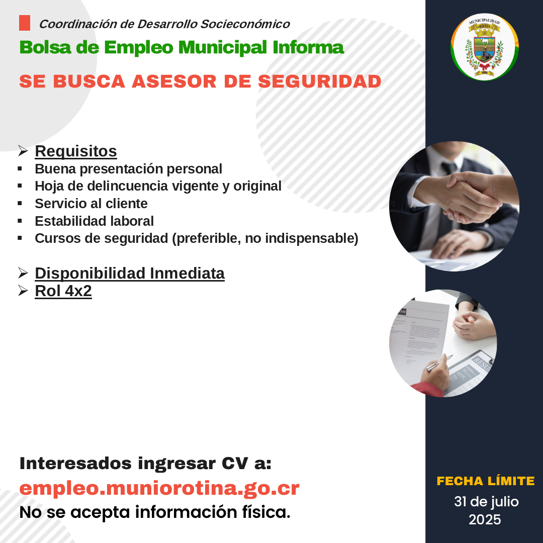 ASESOR DE SEGURIDAD, ASISTENTE DE LOGISTICA Y TECNICO ELECTROMECÁNICO
